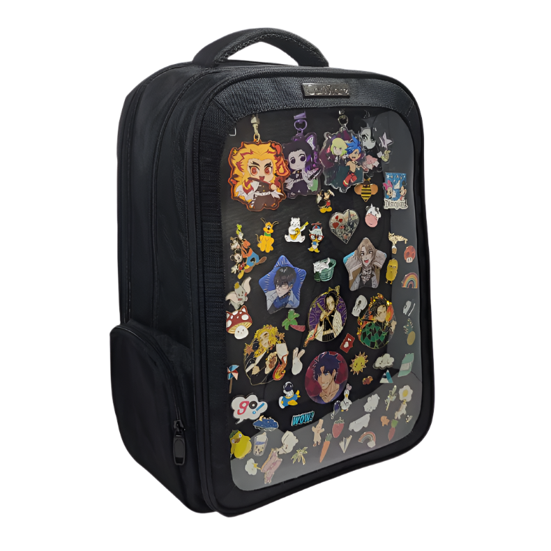 Colorful enamel pin display backpack with transparent window, anime ita bag for collectors, customizable DIY fashion accessory for pin trading and pin collecting